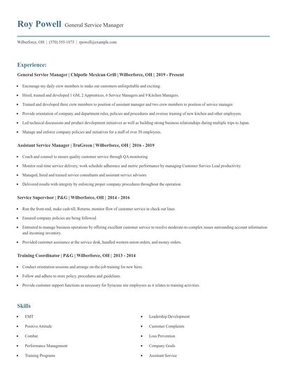General Service Manager Resume