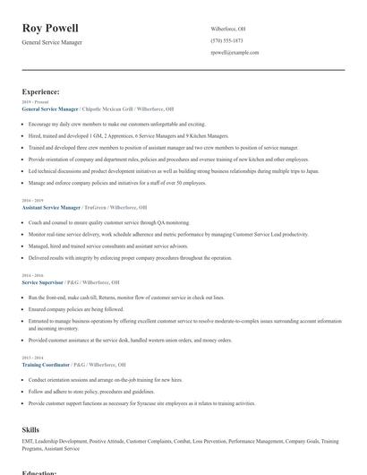 General Service Manager Resume