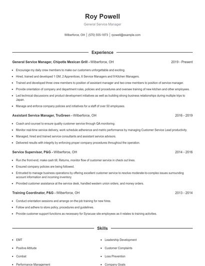 General Service Manager Resume