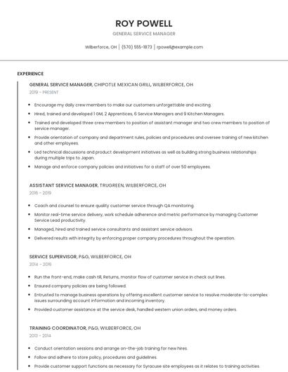 General Service Manager Resume