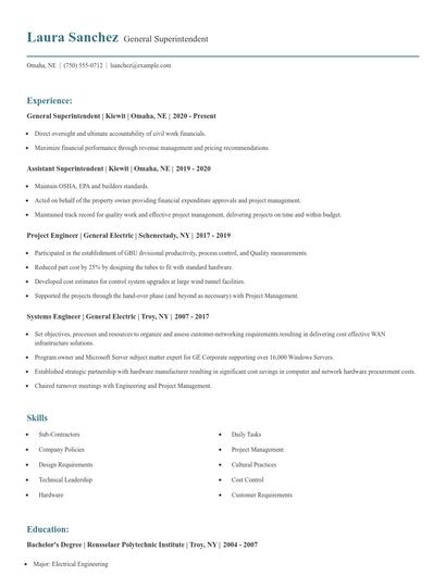 General Superintendent Resume