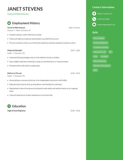 General Warehouse Resume