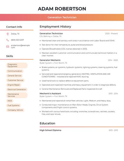 Generation Technician Resume