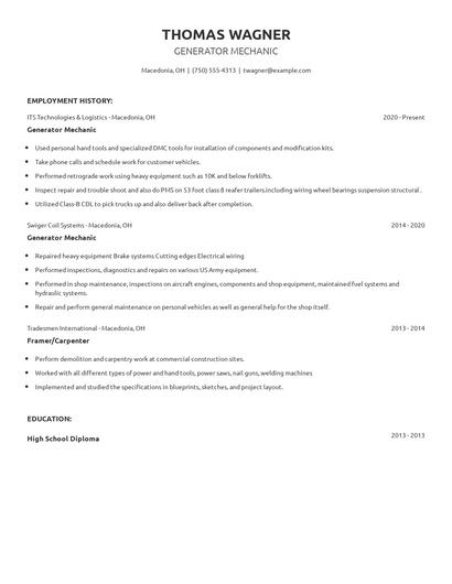 Generator Mechanic Resume