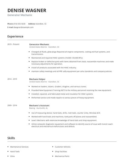 Generator Mechanic Resume