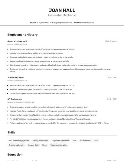 Generator Mechanic Resume