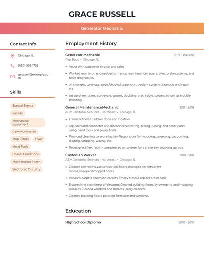Generator Mechanic Resume
