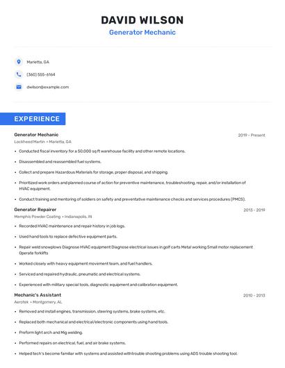 Generator Mechanic Resume