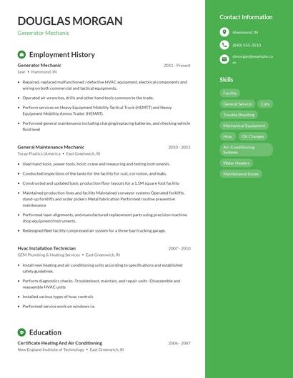 Generator Mechanic Resume