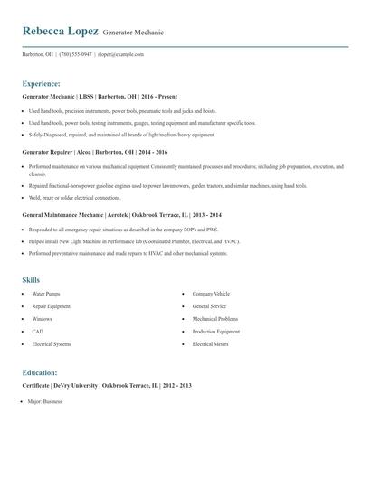 Generator Mechanic Resume