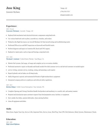 Generator Mechanic Resume