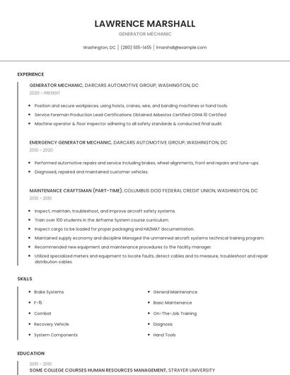Generator Mechanic Resume