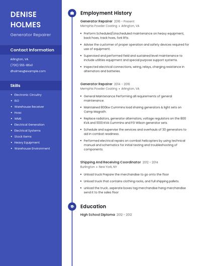 Generator Repairer Resume