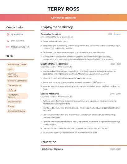 Generator Repairer Resume
