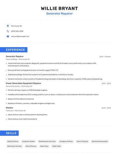 Generator Repairer Resume