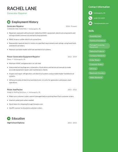 Generator Repairer Resume