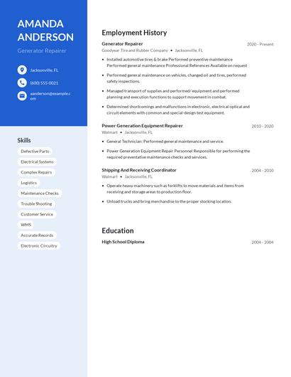 Generator Repairer Resume