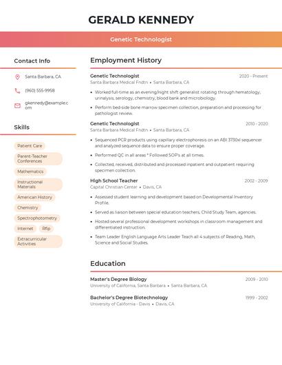 Genetic Technologist Resume