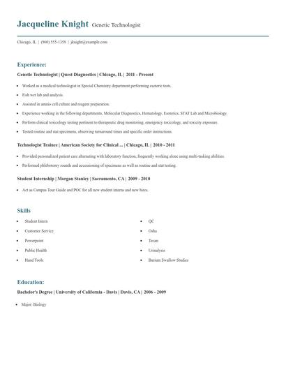 Genetic Technologist Resume