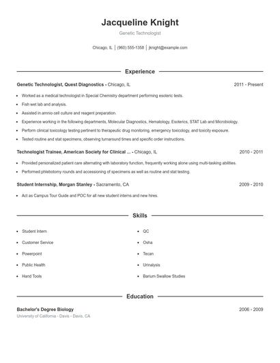 Genetic Technologist Resume