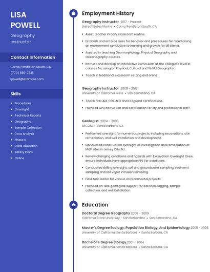 Geography Instructor Resume