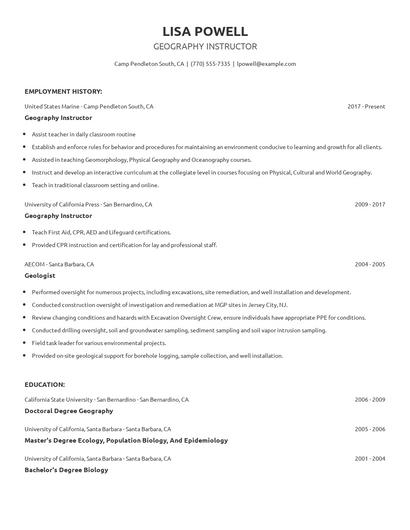 Geography Instructor Resume