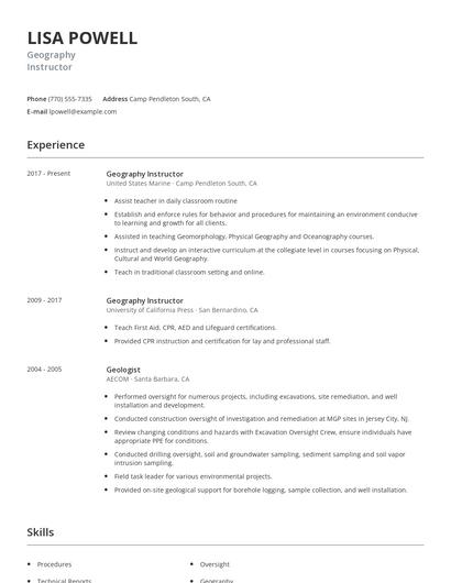 Geography Instructor Resume