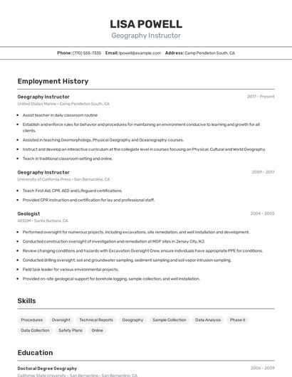 Geography Instructor Resume