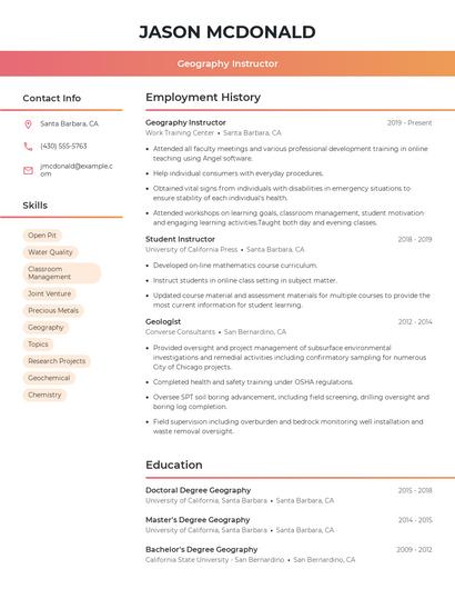 Geography Instructor Resume
