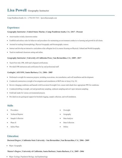 Geography Instructor Resume