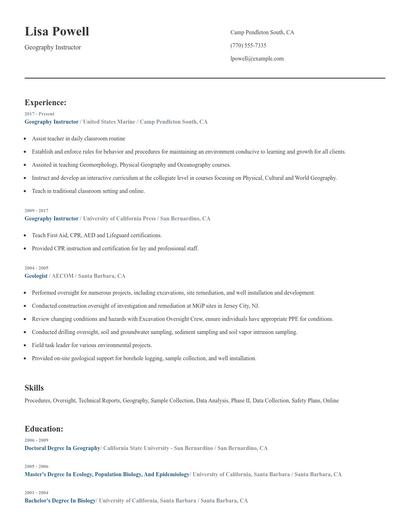 Geography Instructor Resume