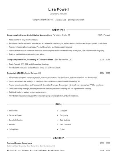 Geography Instructor Resume