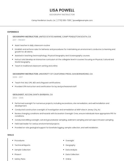 Geography Instructor Resume