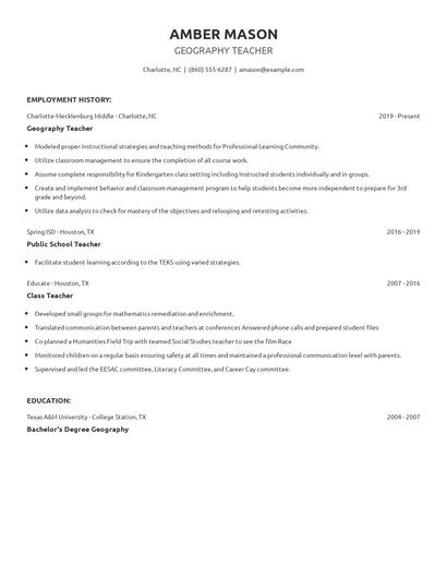 Geography Teacher Resume