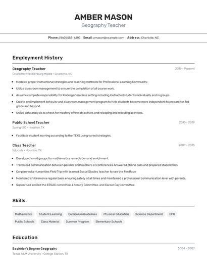 Geography Teacher Resume