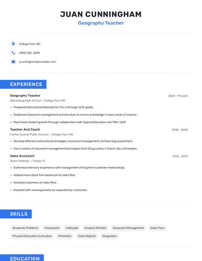 Geography Teacher Resume