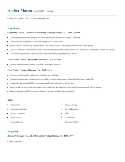 Geography Teacher Resume