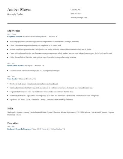 Geography Teacher Resume