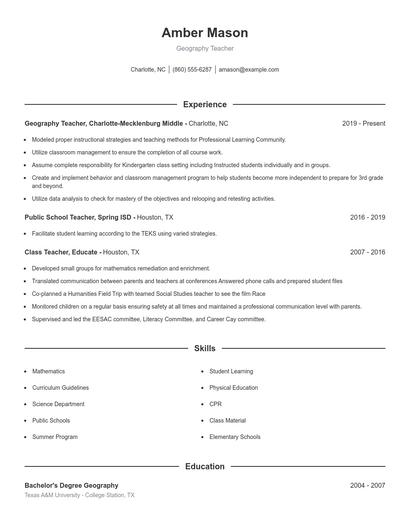 Geography Teacher Resume