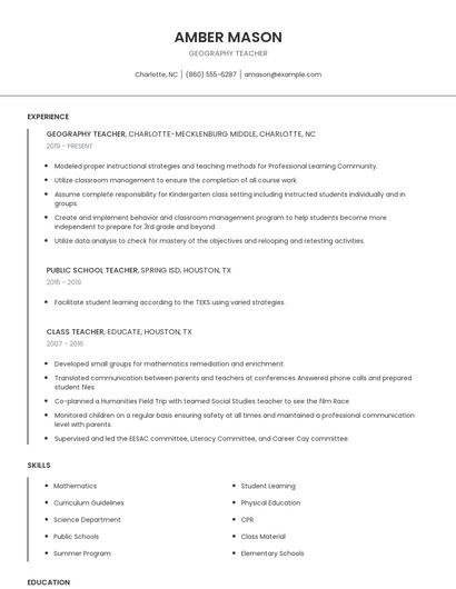 Geography Teacher Resume