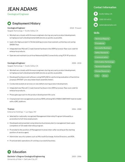 Geological Engineer Resume