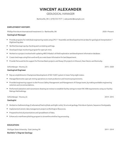 Geological Manager Resume