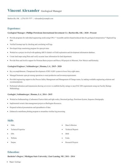 Geological Manager Resume