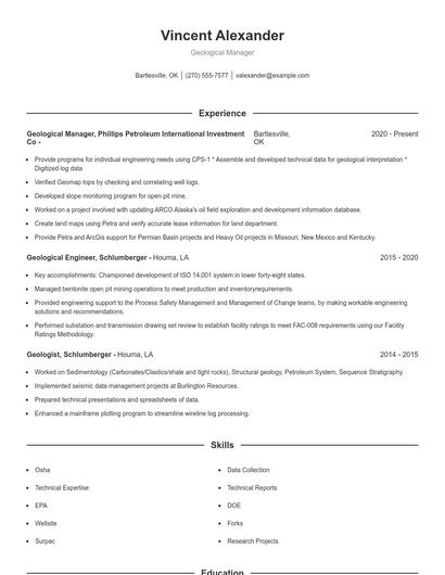 Geological Manager Resume