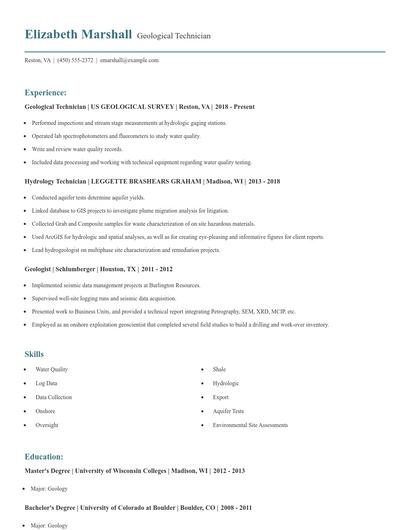 Geological Technician Resume