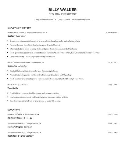 Geology Instructor Resume