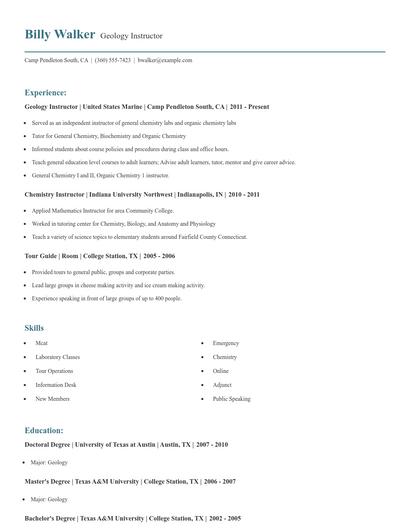 Geology Instructor Resume