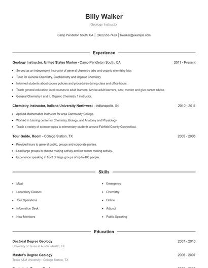 Geology Instructor Resume