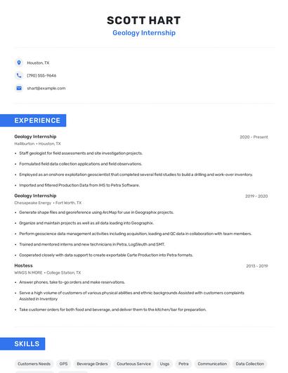 Geology Internship Resume