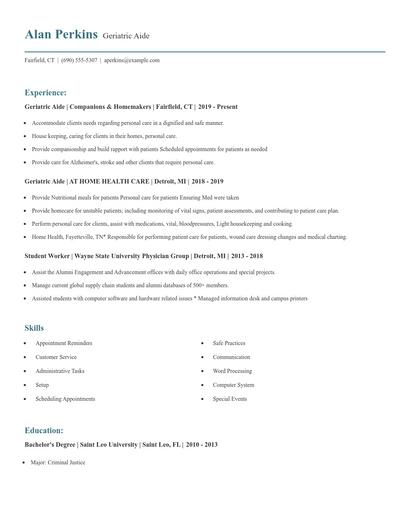 Geriatric Aide Resume